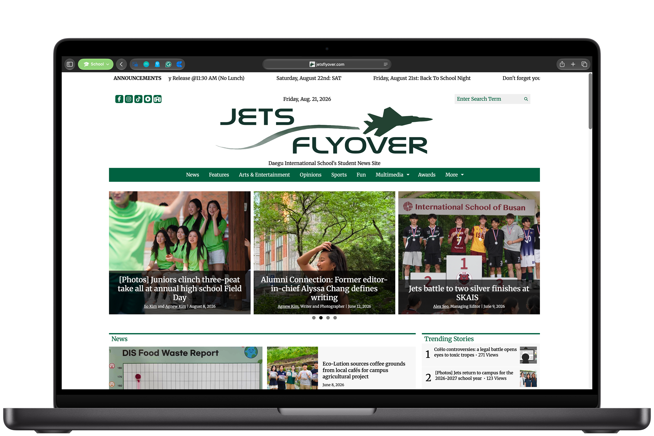 Jets Flyover student newspaper website displayed on a laptop